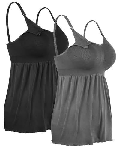 4How 2 Stück Damen Stilltops ohne Bügel Tanktop Unterhemd mit Integriertem BH für Stillen SchlafSchwarz+Grau,L von 4How