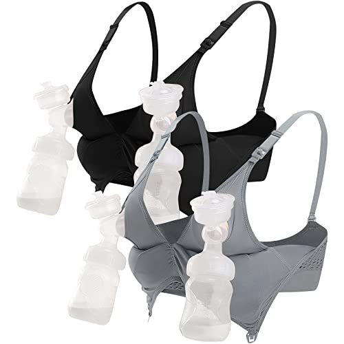 4How 2er Damen Hands Free Still BH,Pump-BH verstellbare Milchpumpen für Stillzeit und Schwangerschaft Schwarz,Grau M von 4How