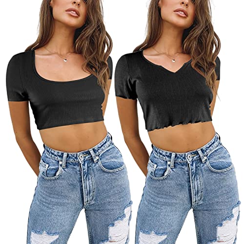 4How 2er-Pack Damen Sommer Kurzarm-Crop-Top,Damen Kurzarm T-Shirt,Reines Baumwoll-Geripptes-Strick-T-Shirt mit Rüschen,mit V-Ausschnitt und U-Ausschnitt,M,Schwarz von 4How