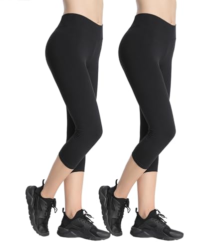 4How Capri Leggings Damen 3/4 für Damen aus Baumwolle Weich Blickdichte Yoga Hose Hochtailliert 2er Pack für Fitness Laufen, Training und Alltag Schwarz XL von 4How