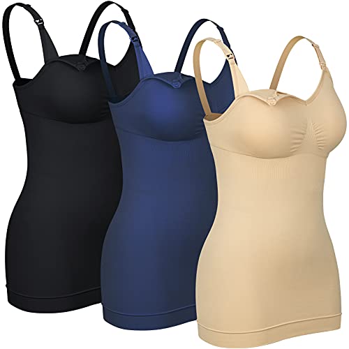 4How 3er Damen Stilltops Mutterschaft Tanktop mit Eingebautem BH für Stillen Schlaf Camisole Schwarz,Blau,Beige L von 4How