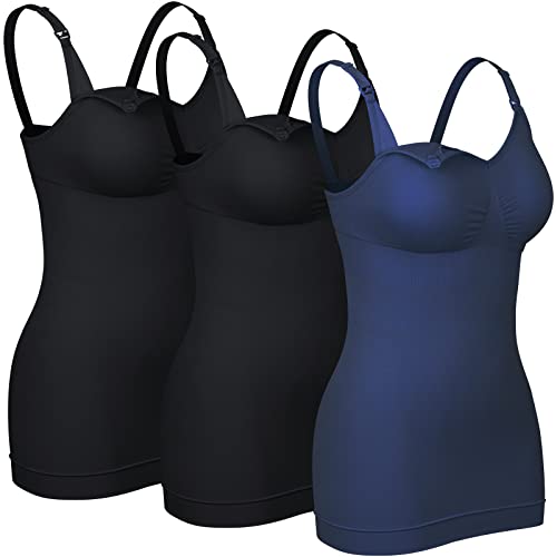 4How 3er Damen Stilltops Mutterschaft Tanktop mit Eingebautem BH für Stillen Schlaf Camisole Schwarz,Blau L von 4How