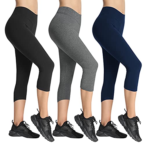 4How 3er-Pack Hohe Taille 3/4 Leggins für Damen Atmungsaktiv Blickdicht Weiche Elastische Fitness Yoga Pants Schwarz+Dunkelgrau+Dunkelblau L von 4How