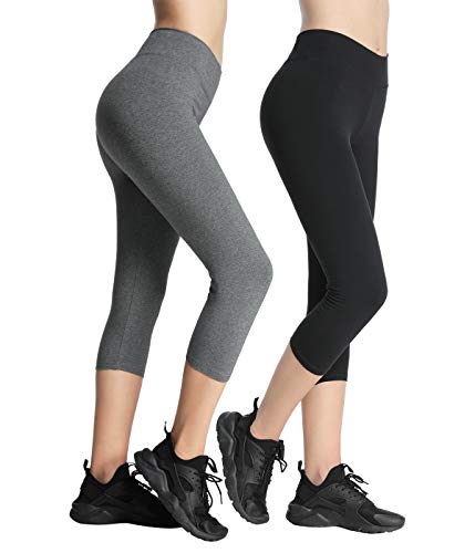 4How Capri Leggings Damen 3/4 für Damen aus Baumwolle Weich Blickdichte Yoga Hose Hochtailliert 2er Pack für Fitness Laufen, Training und AlltagSchwarz+Gris L von 4How