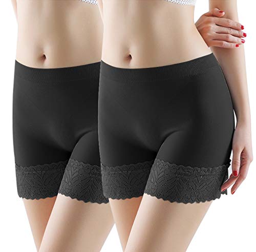 4How Damen Panties Unterziehhose Shorts Unter Rock/Kleid Kurze Hotpants mit Spitze Höschen Unterwäsche 36-42 2er Pack Schwarz von 4How