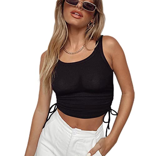 4How Damen Sommer Kurzarm-Crop-Top,Damen Kurzarm T-Shirt mit seitlichem Kordelzug,Reines Baumwoll-Geripptes-Strick-T-Shirt,XXL,Schwarz von 4How