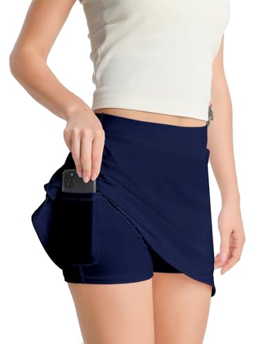 4How Damen Tennisrock mit Innenshorts Sommer Hosen Rock mit Taschen Golf Minirock Wandern Laufrock Geeignet für Sport und Freizeit Blau Größe L von 4How