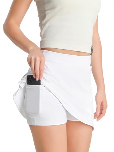 4How Damen Tennisrock mit Innenshorts Sommer Hosen Rock mit Taschen Golf Minirock Wandern Laufrock Geeignet für Sport und Freizeit Weiß Größe M von 4How