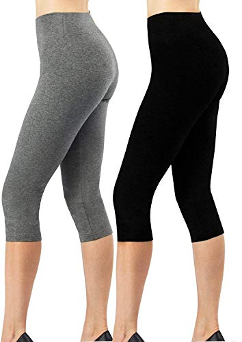 4How Kurze Sport Leggins Damen Capri Leggings 3/4 Länge Dreiviertel Hose Fitness Traininghose Yogahose Basic Leggings Baumwolle Blickdicht schwarz+grau L von 4How