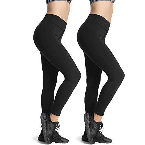 4How Leggings Damen 7/8 für Sportshose Baumwolle Weich Blickdichte High-Waist Yoga Hose 2er Pck für Fitness, Laufen und Alltag Schwarz M von 4How