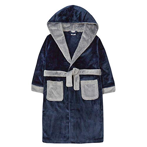 4Kids Kinder/Jungen Bademantel mit Kontrastbesatz, Plüsch-Fleece, 7–13 Jahre Gr. 134, Marineblau mit grauem Rand von 4Kids