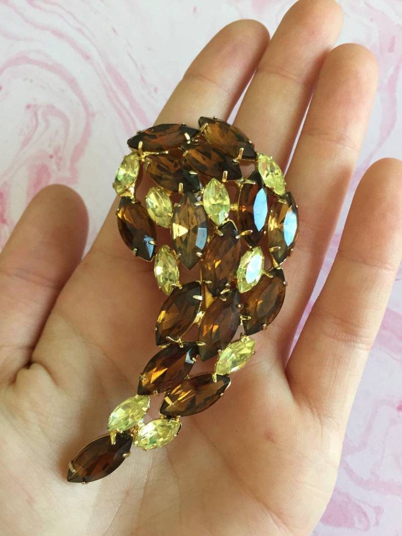 Mokka Braun Und Gelb Marquis Strass Brosche - Goldfarbenem Metall Stift Set Vintage von 4SweetK