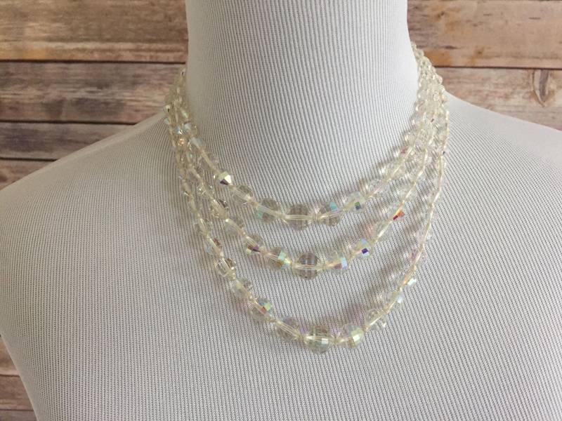 Schillernden Klaren Perlen Drei-strang-Prinzessin Länge Kette W Verlängerung - Hochzeitsschmuck Brautschmuck Laguna 1960Er Jahre Multi-strang von 4SweetK