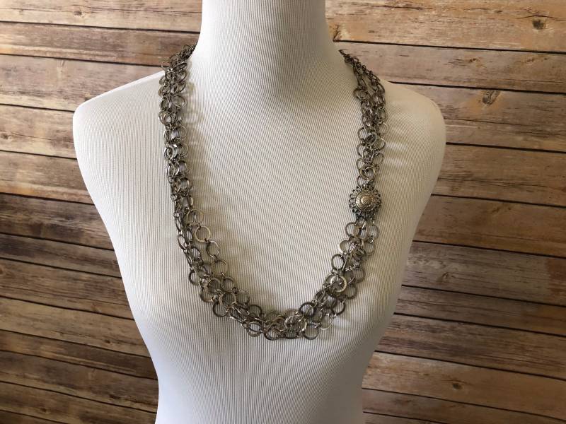 Silber Getönten Metall Halskette Geätzt Ring Link Multi-strang Anhänger Verschluss Funky Wunderlichen Schmuck Kreisen von 4SweetK