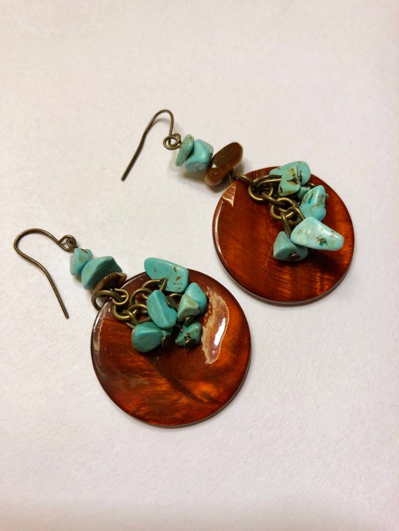 Türkis Edelstein Ohrringe Mit Polierten Malzbier Farbigen Glas-Kunst-Scheibe-Kreis von 4SweetK