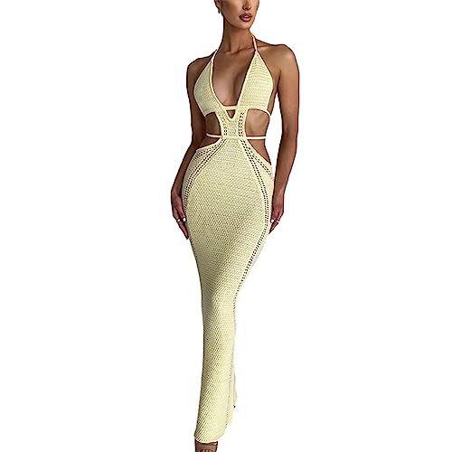 Damen Häkelstrick Maxikleid Neckholder Bodycon Kleid Ärmellos Krawatte Rückenfrei Cut Out Sommer Strandkleid, gelb, Klein von 4UFIT