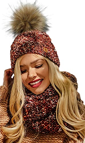 4sold Damen Strick-Mütze Gefüttert mit Faux Fell-Bommel Set Mütze & Schal Alpaka Wolle Bommelmütze Kiesel Bommel Pompon - Set Chili von 4sold