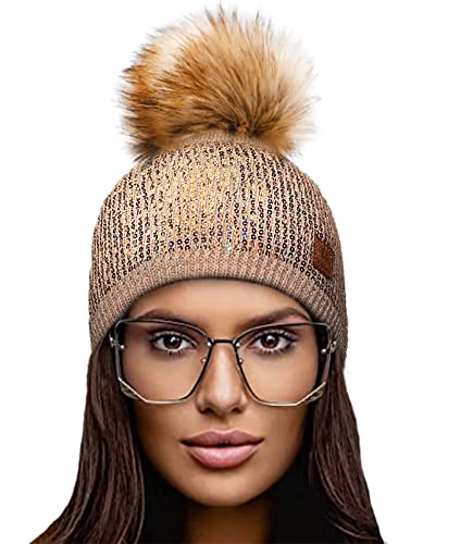 4sold Damen Wurm Winter Style Beanie Strickmütze Mütze mit Fellbommel Bommelmütze Hat Ski Snowboard Pelz Bommel Pompon Kleine Kristalle Sequins Crystals (Beige) von 4sold