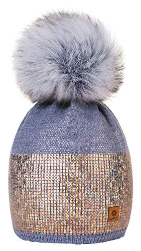 4sold Damen Wurm Winter Style Beanie Strickmütze Mütze mit Fellbommel Bommelmütze Hat Ski Snowboard Pelz Bommel Pompon Kleine Kristalle Sequins Crystals (Grau) von 4sold