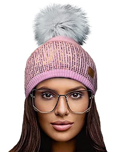 4sold Damen Wurm Winter Style Beanie Strickmütze Mütze mit Fellbommel Bommelmütze Hat Ski Snowboard Pelz Bommel Pompon Kleine Kristalle Sequins Crystals (Rosa) von 4sold