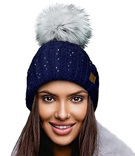 4sold Damen Wurm Winter Style Beanie Strickmütze Mütze mit Fellbommel Bommelmütze Hat Ski Snowboard Pelz Bommel Pompon Kreis Kleine Kristalle Crystals (Navy Blau) von 4sold