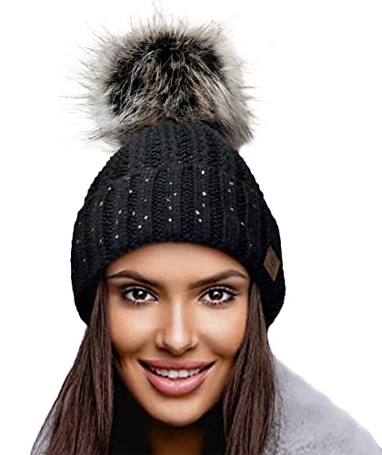 4sold Damen Wurm Winter Style Beanie Strickmütze Mütze mit Fellbommel Bommelmütze Hat Ski Snowboard Pelz Bommel Pompon Kreis Kleine Kristalle Crystals (Schwarz) von 4sold