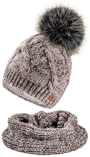 4sold Frauen Damen Mütze Pom Pom Warm Winter Natürlich Wolle Alpaka Futter Micropolar - Set Beige von 4sold