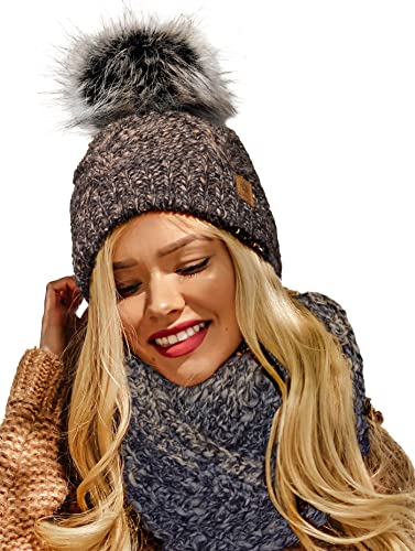 4sold Frauen Damen Mütze Pom Pom Warm Winter Natürlich Wolle Alpaka Futter Micropolar - Set Dark Brown von 4sold