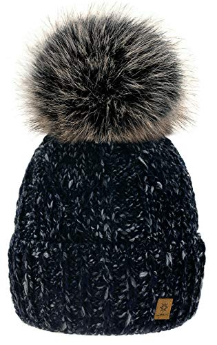 4sold Herren Damen Wurm Winter Style Beanie Alpaca Wool Strickmütze Mütze mit Fellbommel Bommelmütze Hat Gestrickte Pudelmütze Plain Ski Pom Wooly with Full Cosy Fleece-Futter (Black) von 4sold