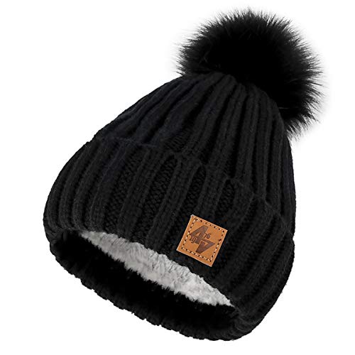 4sold Herren Damen Wurm Winter Style Beanie Strickmütze Mütze mit Fellbommel Bommelmütze Hat Gestrickte Pudelmütze Plain Ski Pom Wooly with Full Cosy Fleece-Futter (Black Black) von 4sold