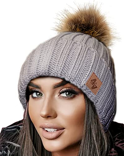 4sold Herren Damen Wurm Winter Style Beanie Strickmütze Mütze mit Fellbommel Bommelmütze Hat Gestrickte Pudelmütze Plain Ski Pom Wooly with Full Cosy Fleece-Futter (Grey Brown) von 4sold