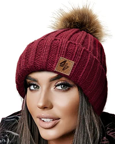 4sold Herren Damen Wurm Winter Style Beanie Strickmütze Mütze mit Fellbommel Bommelmütze Hat Gestrickte Pudelmütze Plain Ski Pom Wooly with Full Cosy Fleece-Futter (Maroon Brown) von 4sold