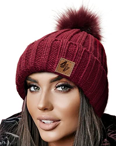 4sold Herren Damen Wurm Winter Style Beanie Strickmütze Mütze mit Fellbommel Bommelmütze Hat Gestrickte Pudelmütze Plain Ski Pom Wooly with Full Cosy Fleece-Futter (Maroon Maroon) von 4sold