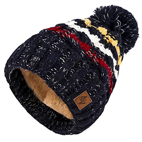 4sold Herren Damen Wurm Winter Style Beanie Strickmütze Mütze mit Fellbommel Bommelmütze Hat Gestrickte Pudelmütze Plain Ski Pom Wooly with Full Cosy Fleece-Futter (Navy) von 4sold