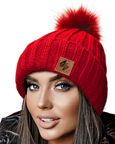 4sold Herren Beanie Mütze Warme Wintermütze mit Weichem Innenfutter Gefütterte Strickmütze Ski Pom Wooly with Full Cosy Fleece-Futter Rot von 4sold