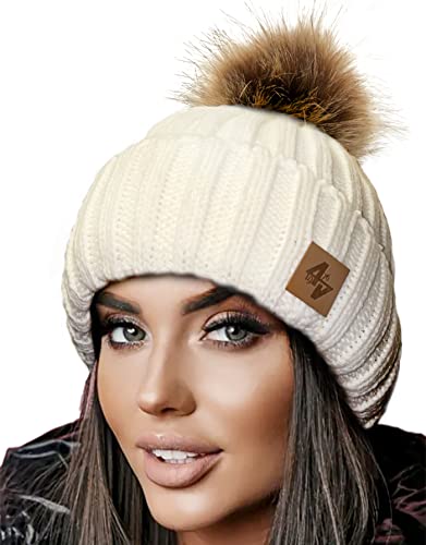 4sold Herren Damen Wurm Winter Style Beanie Strickmütze Mütze mit Fellbommel Bommelmütze Hat Gestrickte Pudelmütze Plain Ski Pom Wooly with Full Cosy Fleece-Futter (White Brown) von 4sold