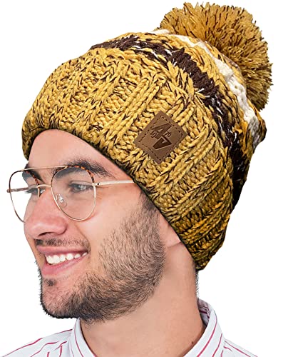 4sold Herren Damen Wurm Winter Style Beanie Strickmütze Mütze mit Fellbommel Bommelmütze Hat Gestrickte Pudelmütze Plain Ski Pom Wooly with Full Cosy Fleece-Futter (Yellow) von 4sold