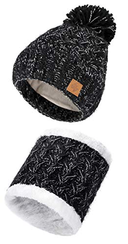 4sold Herren Damen Wurm Winter Style Beanie Strickmütze Mütze und Schal mit Fellbommel Bommelmütze Hat Gestrickte Pudelmütze Plain Ski Pom Wooly with Full Cosy Fleece-Futter (Black) (Black White) von 4sold