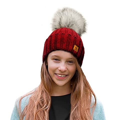 4sold Kinder Mütze Kleinkind Beanie Bobble Hat Baumwollfutter Kunstpelz Ball Pom Pom Cap Unisex Mädchen & Jungen Kinder Winter Strickmütze Bommelmütze Wurm von 4sold