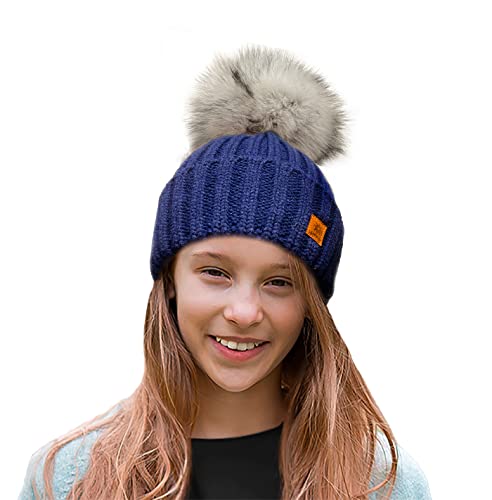 4sold Kinder Mütze Kleinkind Beanie Bobble Hat Baumwollfutter Kunstpelz Ball Pom Pom Cap Unisex Mädchen & Jungen Kinder Winter Strickmütze Bommelmütze Wurm von 4sold