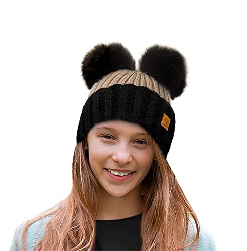 4sold Kinder Mütze Kleinkind Beanie Bobble Hat Baumwollfutter Kunstpelz Ball Pom Pom Cap Unisex Mädchen & Jungen Kinder Winter Strickmütze Bommelmütze Wurm von 4sold