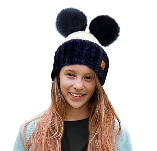 4sold Kinder Mütze Kleinkind Beanie Bobble Hat Baumwollfutter Kunstpelz Ball Pom Pom Cap Unisex Mädchen & Jungen Kinder Winter Strickmütze Bommelmütze Wurm von 4sold