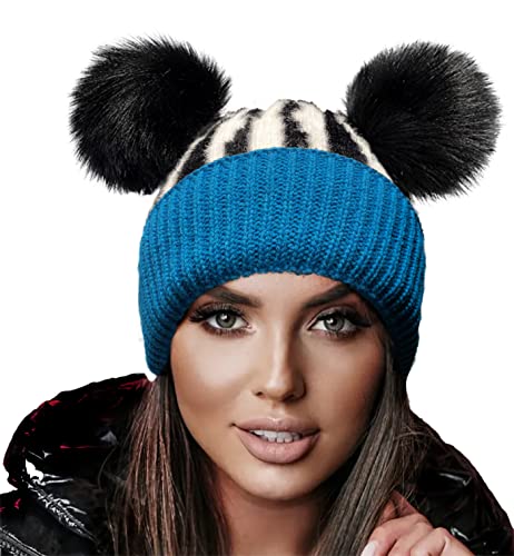 4sold Wintermütze Miki für Damen, Mädchen, aus Wolle, Strickmütze mit zwei Pom-Poms, für Ski, Snowboard, blau / schwarz, Einheitsgröße von 4sold