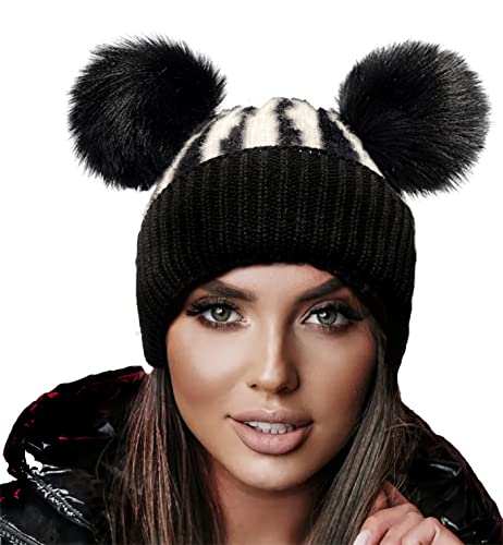 4sold Wintermütze Miki für Damen, Mädchen, aus Wolle, Strickmütze mit zwei Pom-Poms, für Ski, Snowboard, schwarz / weiß, Einheitsgröße von 4sold