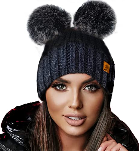 4sold Miki Farbe Damen Wintermütze Wolle Strickmütze Mit Doppelten Pom Pom Cap Ski Snowboard Bobble (Black Grey) von 4sold