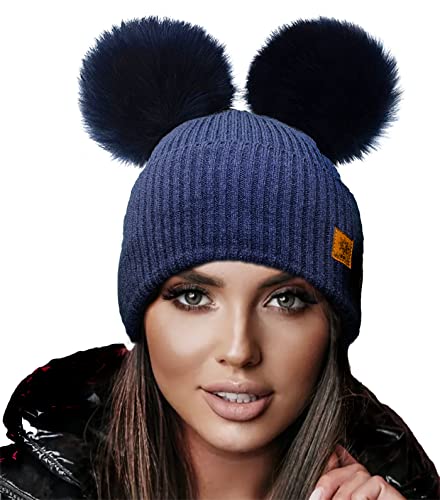 4sold Miki Farbe Damen Wintermütze Wolle Strickmütze Mit Doppelten Pom Pom Cap Ski Snowboard Bobble (Megi Navy) von 4sold