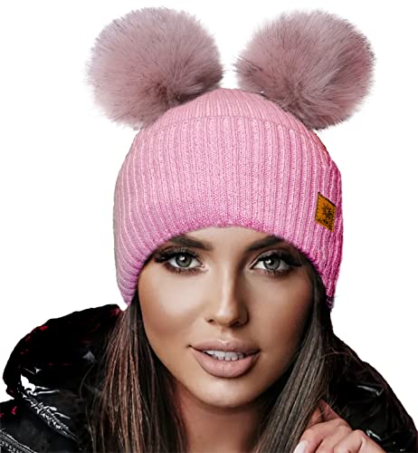 4sold Miki Farbe Damen Wintermütze Wolle Strickmütze Mit Doppelten Pom Pom Cap Ski Snowboard Bobble (Megi Pink) von 4sold