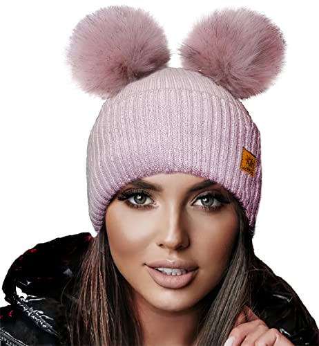 4sold Miki Farbe Damen Wintermütze Wolle Strickmütze Mit Doppelten Pom Pom Cap Ski Snowboard Bobble (Megi Power Pink) von 4sold