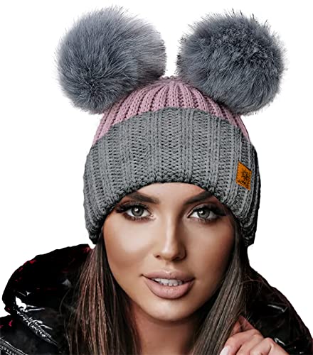 4sold Miki Farbe Damen Wintermütze Wolle Strickmütze Mit Doppelten Pom Pom Cap Ski Snowboard Bobble (Rouse Pink Grey) von 4sold