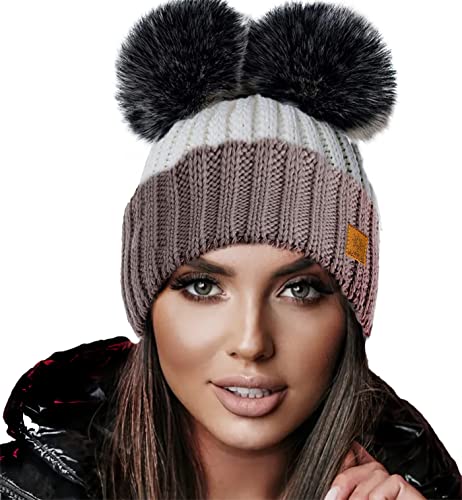 4sold Miki Farbe Damen Wintermütze Wolle Strickmütze Mit Doppelten Pom Pom Cap Ski Snowboard Bobble (White Cacao) von 4sold